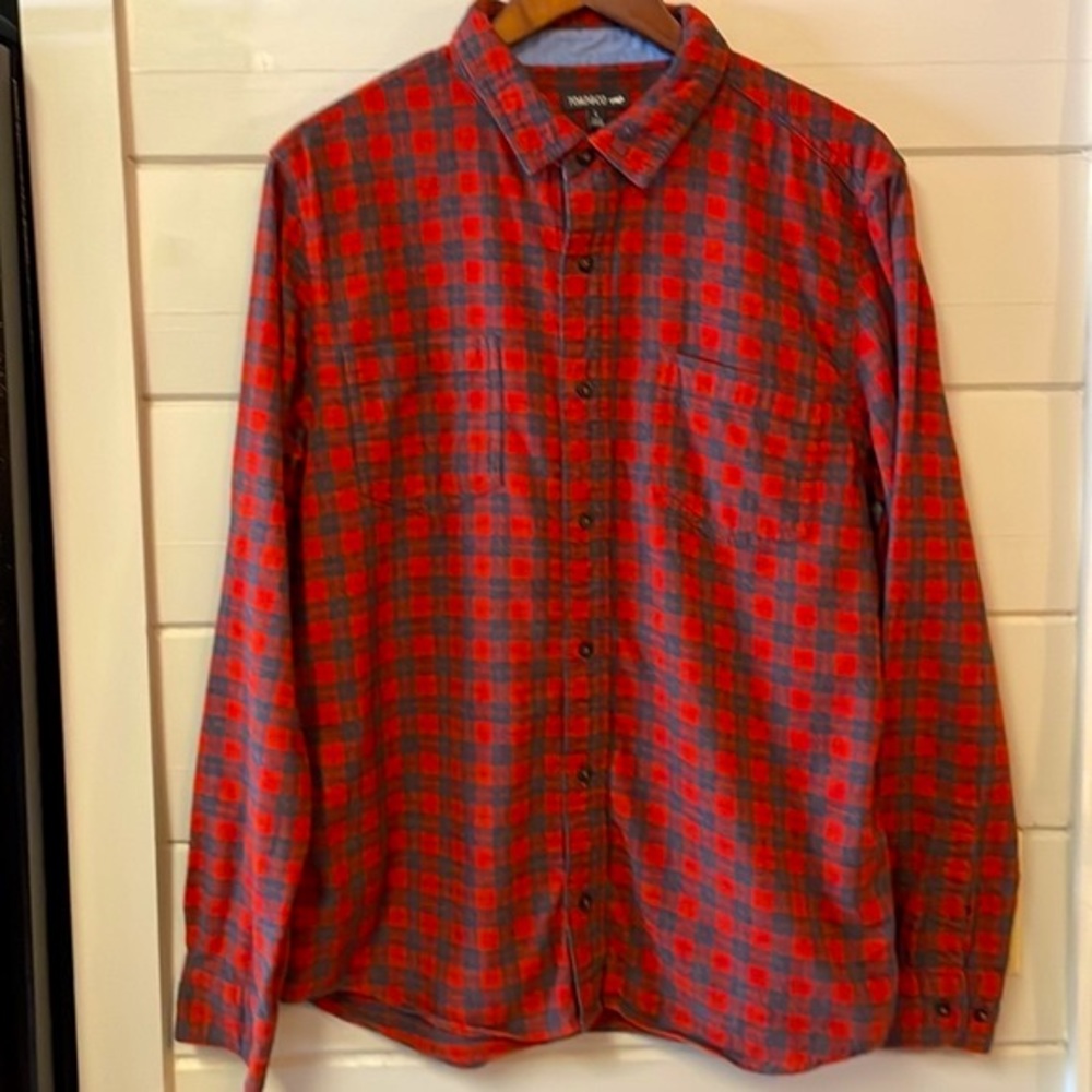 Toad & Co. Red and Black Plaid Organic Cotton Button Down Shirt Size L.